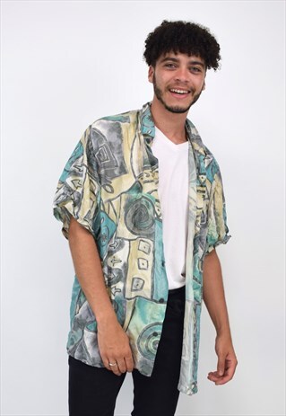 VINTAGE 90S GREEN & YELLOW PRINT SHIRT
