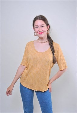 Vintage minimalist ribbed blouse, retro yellow tshirt 