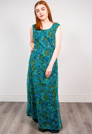 VINTAGE 70'S BLUE FLORAL PATTERN SLEEVELESS MAXI DRESS