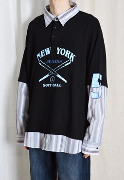 Y2K Black New York Baseball Oversized Long Sleeve Shirt