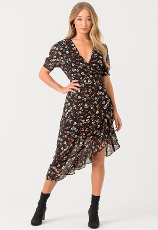 BLACK FLORAL MIDI DRESS WITH ASYMMETRIC HEM