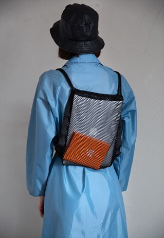 VINTAGE SMALL BLACK BACKPACK / NET BAG . UNISEX