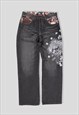Vintage Japanese Embroidered Baggy Denim Jeans in Black