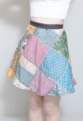 VINTAGE 1970'S MULTI COLOURED PATCHWORK SILK MINI SKIRT