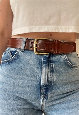 Thick Tan Leather Boho Double Pronged Brass Buckle Belt