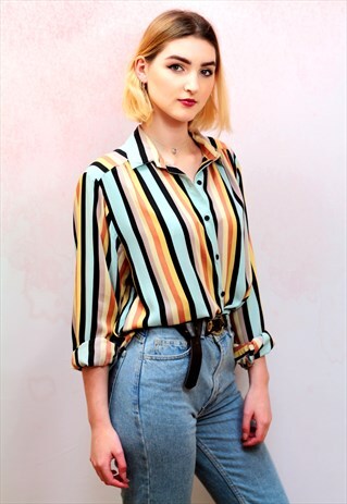 1990S VINTAGE MULTICOLOURED STRIPED SILKY SHIRT