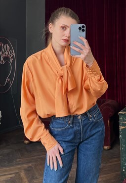 Orange Pussy bow blouse, Oversized Bow Tie Collar Blouse