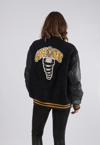LEATHER WOOL BOMBER JACKET OVERSIZED VARSITY UK 14 (BV4U)