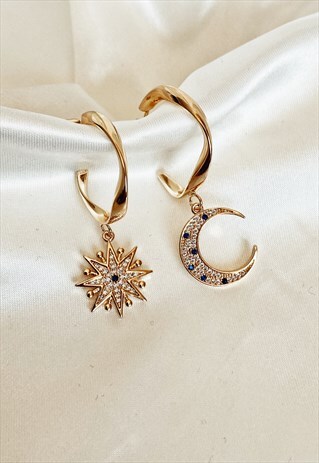 NOVA 18K GOLD CUBIC ZIRCONIA STAR & MOON HOOP EARRINGS