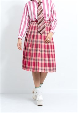 Vintage midi preppy skirt in red pink plaid pattern pleated