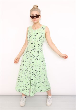 VINTAGE 90S GREEN LEAF PRINT MIDI DRESS
