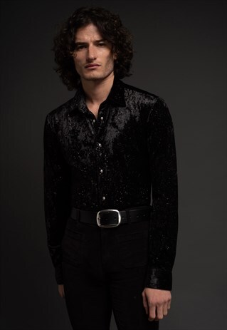 MENS SILVER GLITTER SKULL BUTTON VELVET SHIRT