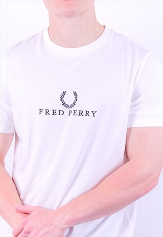 VINTAGE FRED PERRY SPELL OUT EMBROIDERY T-SHIRT IN WHITE