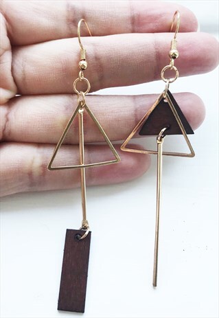 GOLD AND WOOD UNEVEN GEO EARRING