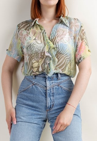 VINTAGE 90S CRAZY MULTI PATTERN RUFFLE SHORT SLEEVE TOP XL