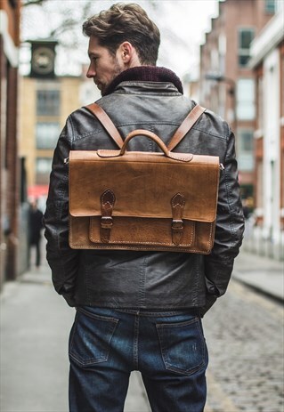 TAN LEATHER HAND STITCHED SATCHEL BACKPACK