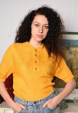 Vintage 60s Mod textured knitted blouse top tee yellow