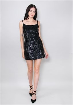 70's Vintage Black Sequin Fitted Evening Mini Dress