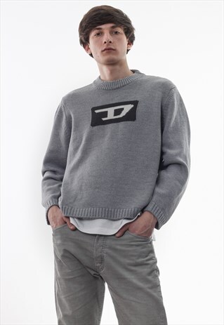 VINTAGE DIESEL SWEATER KNITTED 90S GREY BIG LOGO