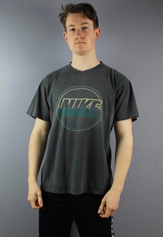 VINTAGE NIKE SILVER TAG T-SHIRT IN FADED BLACK WITH PRINTING