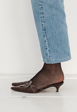 Vintage Y2K kitten heel leather mules in chocolate brown