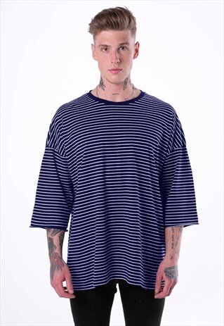 ESSENTIAL 3/4 SLEEVE STRIPED T-SHIRT - NAVY BLUE/WHITE