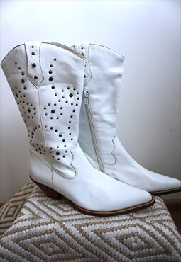 Vintage White Genuine Leather Cowboy Western Boots Shoes