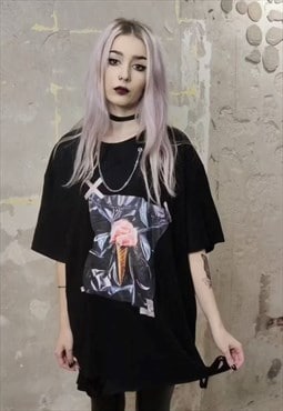 Ice cream print t-shirt metal chain tee ripped top in black