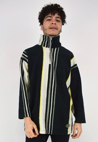 VINTAGE 90'S GREEN, YELLOW AND CREAM STRIPED 1/4 ZIP FLEECE