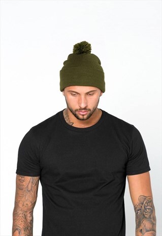 ESSENTIAL BOBBLE CUFFED BEANIE HAT - KHAKI OLIVE GREEN