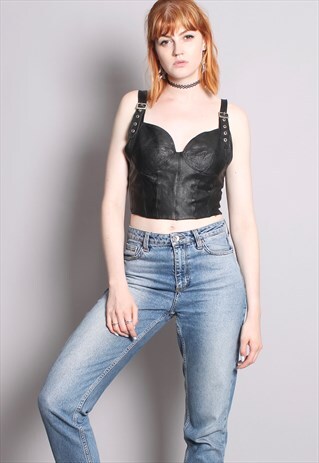 VINTAGE 90S BLACK LEATHER CORSET BUCKLE STRAP CROP TOP