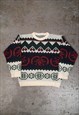 Vintage Abstract Knitted Jumper White Patterned Grandad