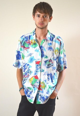 1990S VINTAGE ABSTRACT HOLIDAY PRINTED FESTIVAL SHIRT