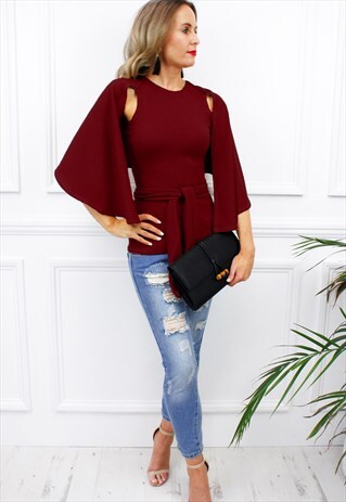 BURGUNDY CAPE WAIST TIE BELT BLOUSE SHIRT TOP
