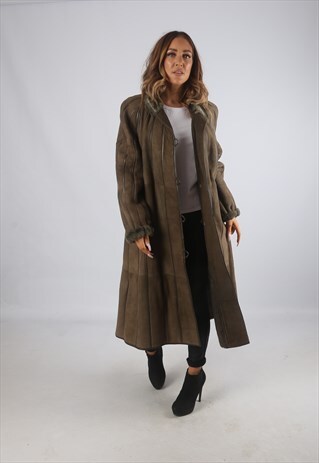 VINTAGE SHEEPSKIN SUEDE SHEARLING COAT LONG UK 14 - 16 (9BF)