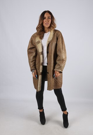 VINTAGE SHEEPSKIN LEATHER SHEARLING COAT MID UK L 14 (J2Q)