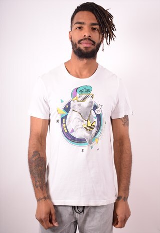 ADIDAS MENS VINTAGE T-SHIRT TOP MEDIUM WHITE 90S