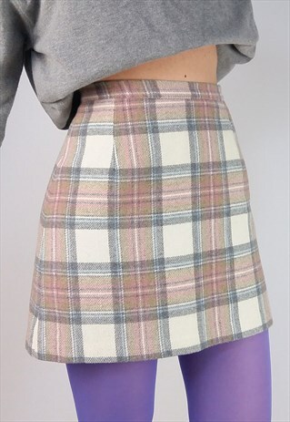 VINTAGE 90'S WOOL PLAID MINI SKIRT BEIGE PASTELS