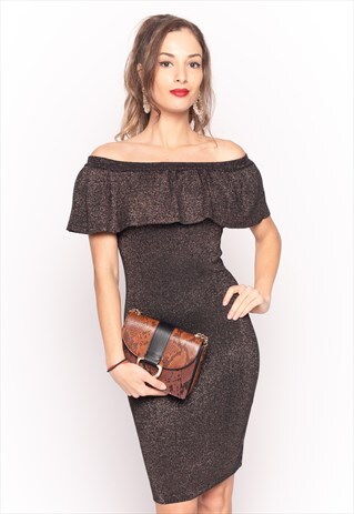 BODYCON METALLIC FRILL BARDOT BANDAGE DRESS IN GOLD BLACK