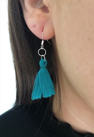 BLUE TASSEL EARRINGS, SILVER EARRINGS, TEAL ACCESSORIES,