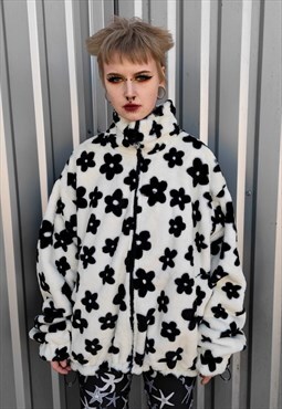 Reversible floral fleece jacket handmade daisy coat cream