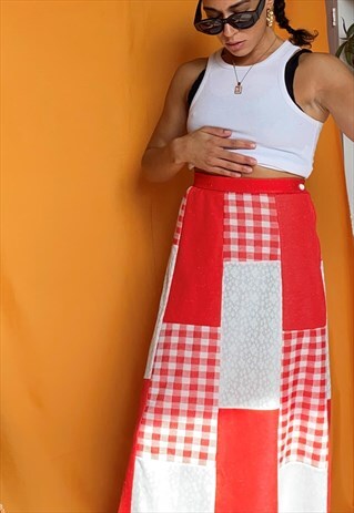 VINTAGE 70S GINGHAM PATCHWORK PRAIRIE CIRCLE MAXI SKIRT