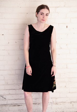 80'S VINTAGE BLACK VELVET PARTY SWING DRESS FLORAL EMBROIDER