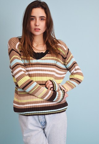 90'S RETRO STRIPED PATTERN KNIT TEEN JUMPER