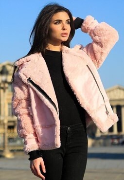 Faux Fur Lining Biker Jacket - Pink