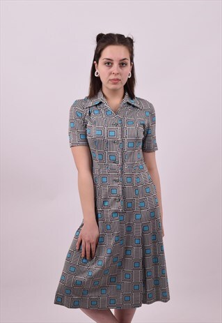VINTAGE 70'S BLUE AZTEC PRINT DRESS SIZE 6 8 10