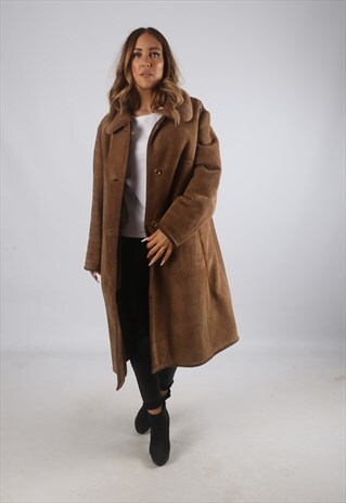 VINTAGE SHEEPSKIN SUEDE SHEARLING COAT MID LONG UK 18 (K9BL)