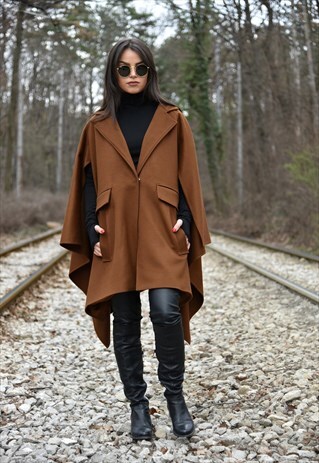 ASYMMETRICAL CAPE COAT/HANDMADE SLEEVELESS JACKET/BROWN