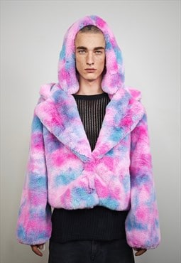 Hooded Tie-dye fleece coat pink crop trench festival jacket