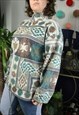 VINTAGE RETRO ABSTRACT PRINT FLUFFY TEDDY BEAR FLEECE JACKET